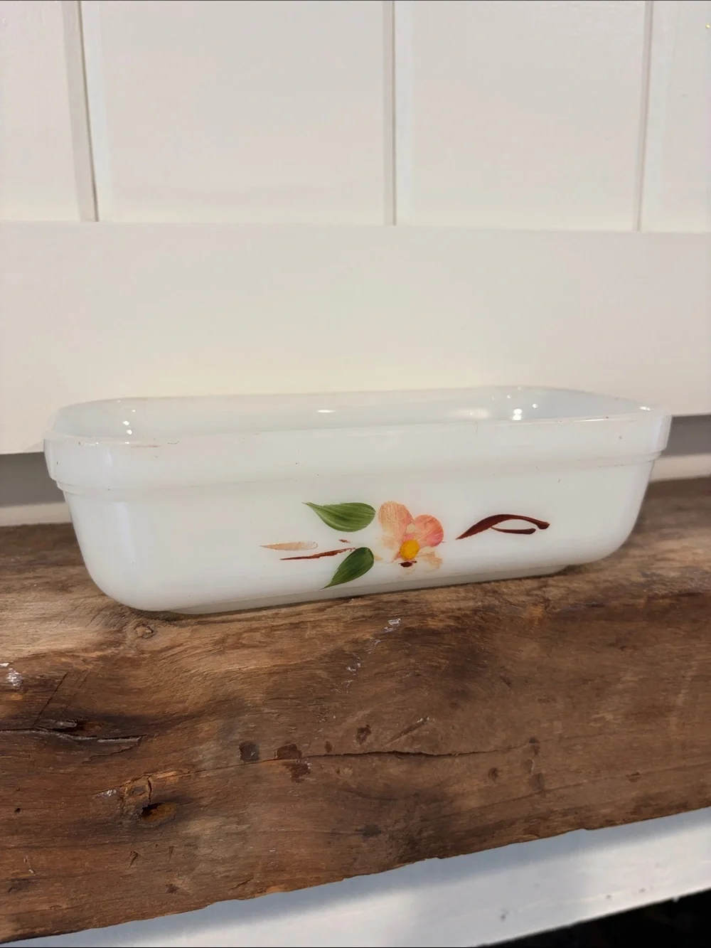 Fire King White Milk Glass Floral Loaf Pan with Orange and Green Flowers